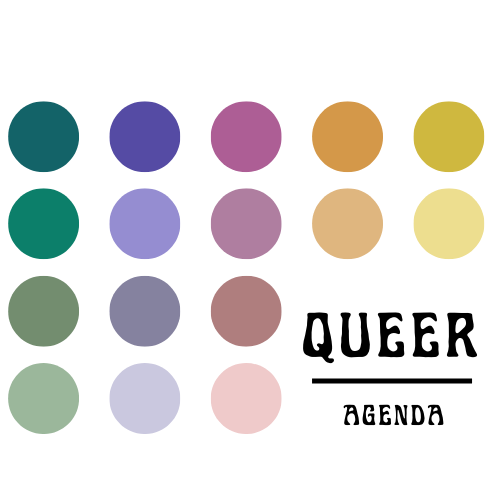 Queer Agenda in black text with rainbow dots above it